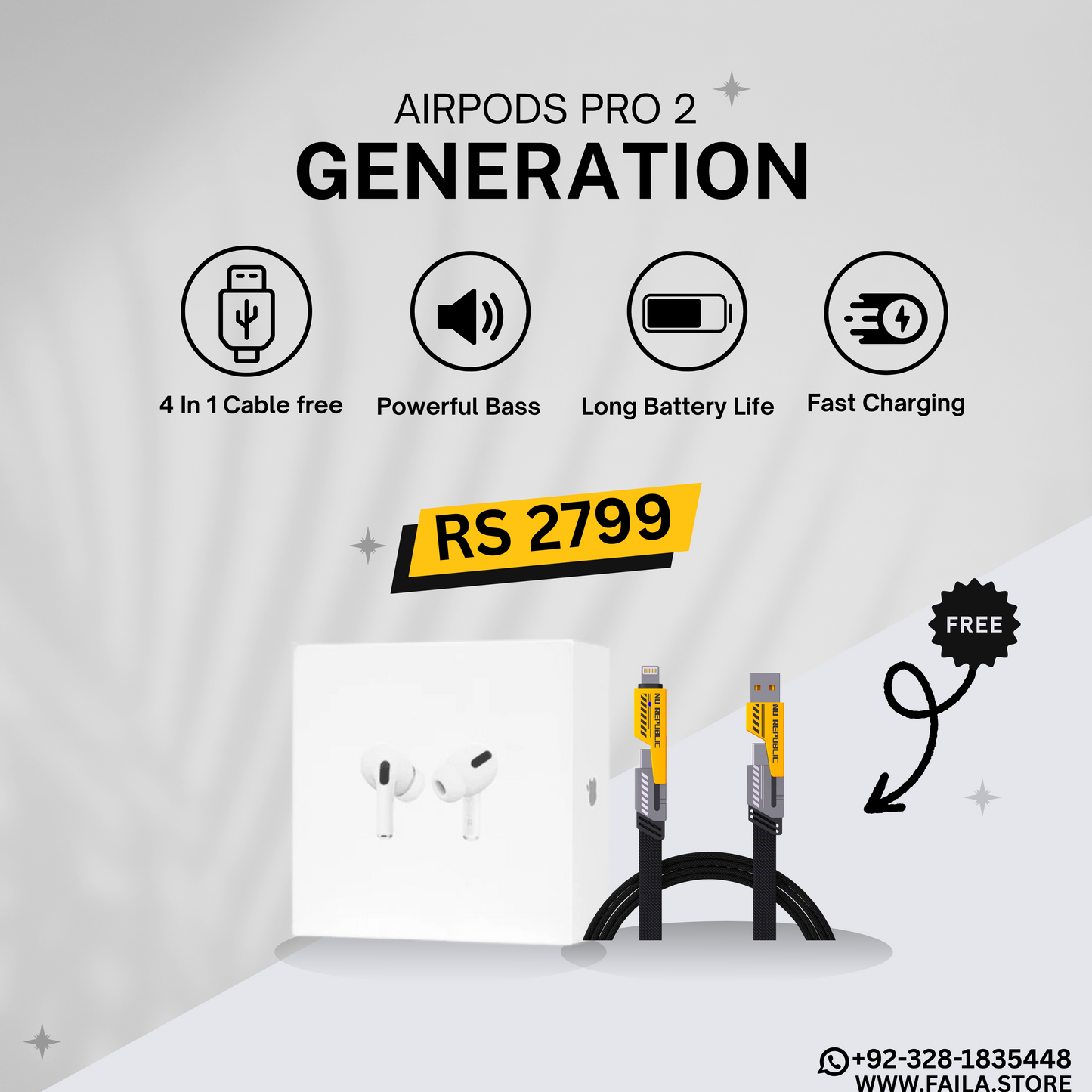 Apple AirPods Pro (2nd Generation) Wireless Ear Buds with USB-C Charging - 4 In 1 Cable Fast Charging Free